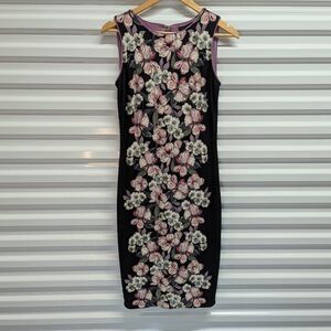 White House Black Market Size Xs Black & Purple Floral Print Bodycon Midi Dress